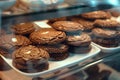 Glass showcase in cafe features delectable close up of chocolate cookies