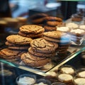 Glass showcase in cafe features delectable close up of chocolate cookies
