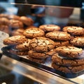 Glass showcase in cafe features delectable close up of chocolate cookies