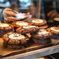 Glass showcase in cafe features delectable close up of chocolate cookies