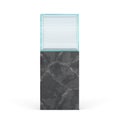 glass showcase cube on high dark marble pedestal in frontal projection