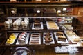 Glass showcase with a pastries in the restaurant