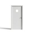 White Interior Door with Small Square Window and Silver Door Handle on White Background Royalty Free Stock Photo