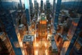 glass skyscrapers and surrounding cityscape from above