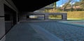 Glass sliding doors of an advanced modern hotel in the suburbs of Bangkok. Sunlit courtyard. Concrete steps and paving stones made Royalty Free Stock Photo