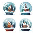 Glass snow globe Christmas decorative design. Podium under transparent glass dome with white snowdrift snow house glow garland