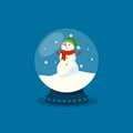 Glass Snow Globe with Funny Snowman and Snow Falling Inside, Christmas Souvenir Isolated on Blue Background Royalty Free Stock Photo