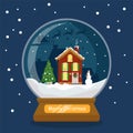 Glass snow globe with house, Christmas tree and snowman. Santa claus and reindeer. Royalty Free Stock Photo