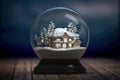 Glass snow globe and a house with lights in windows in the night