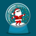 A glass snow globe with Santa inside, who is very cheerful, bouncing or dancing.