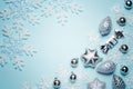 Glass snowflakes and Christmas toys on a gradient blue background Royalty Free Stock Photo