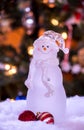 Glass snowman and holiday lights