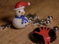 Glass snowman with red cap and blue scarf Royalty Free Stock Photo