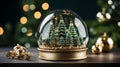 Glass souvenir ball with a craft in the form of a coniferous forest on a blurred green background