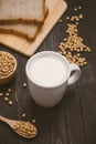 Glass with soy milk and soy bean on wooden background Royalty Free Stock Photo