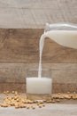 Glass with soy milk and soy bean on wooden background Royalty Free Stock Photo