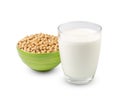 Glass of Soy milk with soybeans in green bowl isolated on white background Royalty Free Stock Photo