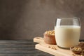 Glass of soy milk and soybeans seeds on wooden background Royalty Free Stock Photo