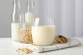 Glass of soy milk, soybeats seeds, bottle with milk on white background Royalty Free Stock Photo