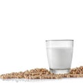 Glass of soymilk and soybean on white .