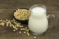 A glass of soymilk with soybeans on wooden table background