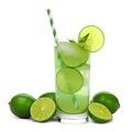 Glass of sparkling limeade with limes isolated on white Royalty Free Stock Photo