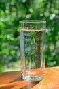 Glass of sparkling mineral water with gas bubbles on a wooden table, against a background of blurred green foliage Royalty Free Stock Photo