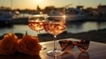 glass sparkling orange water and sunglasses relaxing on beach at sunset