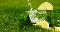 Glass of sparkling water or lemonade with lemon and mint leaves. Water with splashes and drops flows into glass. Banner. Royalty Free Stock Photo