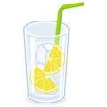 Glass of sparkling water with slices of lemon, ice cubes and straw. Vector illustration