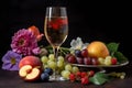 glass of sparkling wine with fruit and flowers Royalty Free Stock Photo