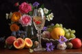 glass of sparkling wine with fruit and flowers Royalty Free Stock Photo