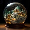 An expansive landscape, artfully miniaturized and encased within a glass sphere