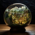 An expansive landscape, artfully miniaturized and encased within a glass sphere