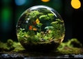 Glass sphere with butterfly and moss background. A glass ball filled with moss and butterflies