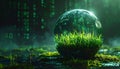 Glass sphere with green grass and digital code background Royalty Free Stock Photo