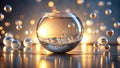 Glass sphere filled with liquid and small bubbles, illuminated by warm backlighting, resting on a reflective surface. Generative Royalty Free Stock Photo