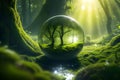 Glass sphere with forest model inside, bright sun light background Royalty Free Stock Photo