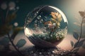 glass sphere and green leaves inside on nature background. Earth Day. environment protection. l Generative AI Royalty Free Stock Photo