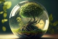 glass sphere and green tree inside. Earth Day. environment protection. let's take care of nature. Generative AI Royalty Free Stock Photo