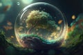 glass sphere and green tree inside on nature background. Earth Day. environment protection. l Generative AI Royalty Free Stock Photo