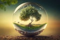 glass sphere and green tree inside on nature background. Earth Day. environment protection. l Generative AI Royalty Free Stock Photo