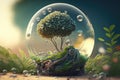 glass sphere and green tree inside on nature background. Earth Day. environment protection. l Generative AI Royalty Free Stock Photo