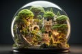 a glass sphere with a microcosm inside, a small fabulous palace between trees