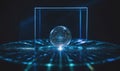 A glass sphere sits inside a glass cube, illuminated with a blue light emanating from the bottom Royalty Free Stock Photo