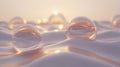 Glass spheres rest on a soft undulating surface at sunset
