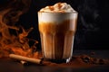 glass with spiced latte, cinnamon sticks, coffee beans and pumpkin on a dark background. Royalty Free Stock Photo