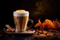 glass with spiced latte, cinnamon sticks, coffee beans and pumpkin on a dark background. Royalty Free Stock Photo