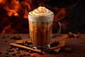 glass with spiced latte, cinnamon sticks, coffee beans and pumpkin on a dark background. Royalty Free Stock Photo