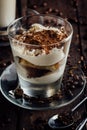 A glass of spicy latte with whipped cream and cinnamon, standing on a brown board. Coffee beans. Dark background Royalty Free Stock Photo